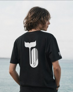 Homme de dos sur la plage portant le tee-shirt UVEA WHALE gris foncé, queue de baleine blanche imprimée au dos