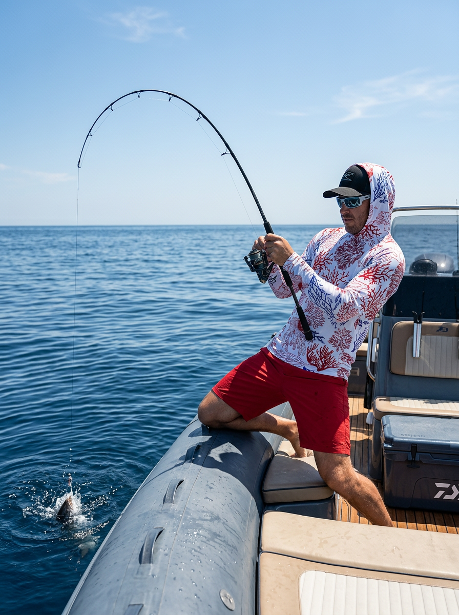 pecheur sur bateau en rashguard a capuche 