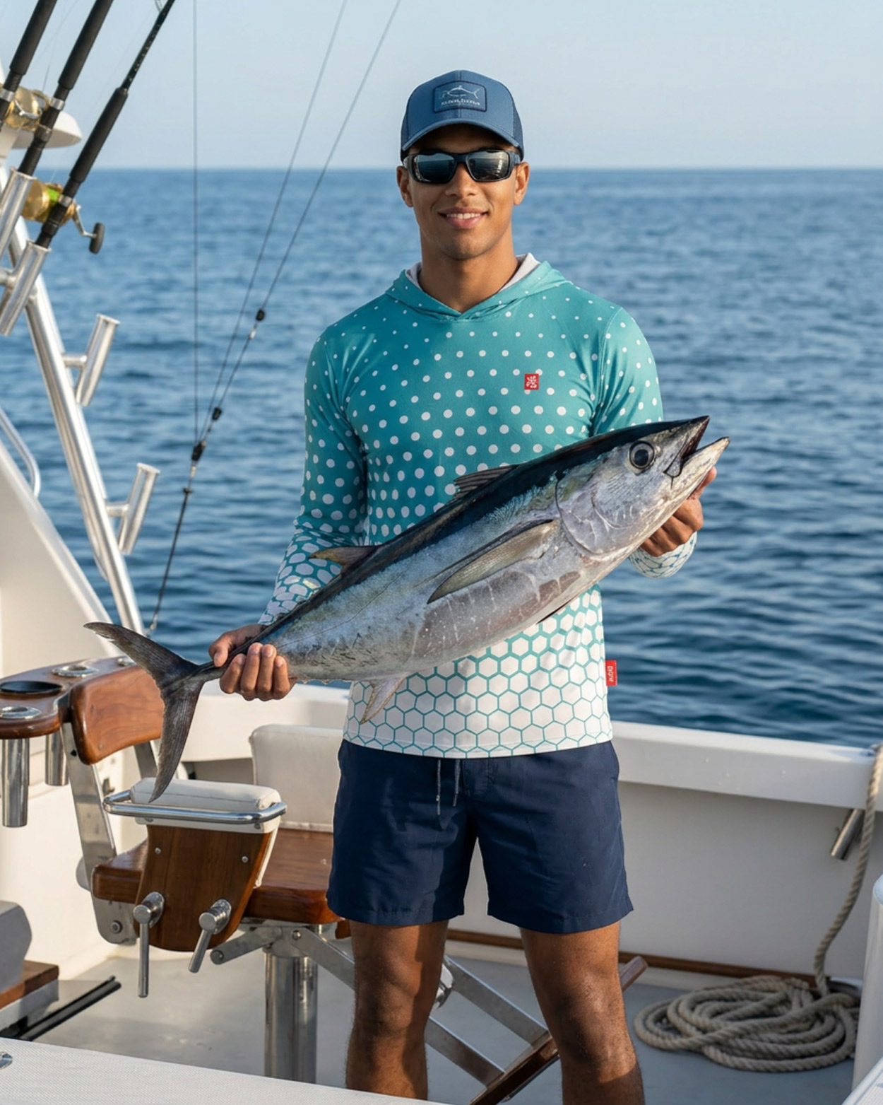 pecheur en rash montrant sa prise 