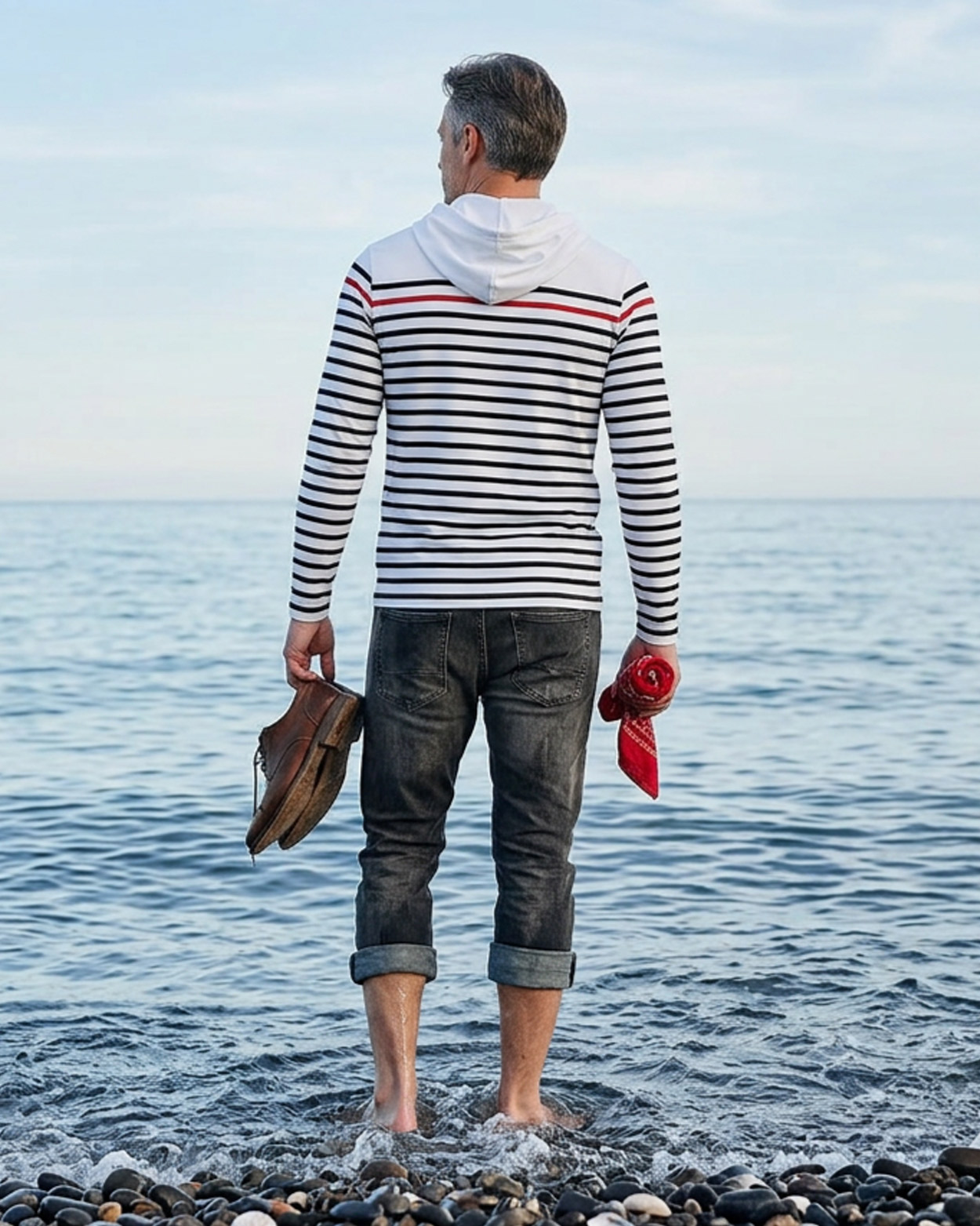 homme regardant la mer en rashguard rayé