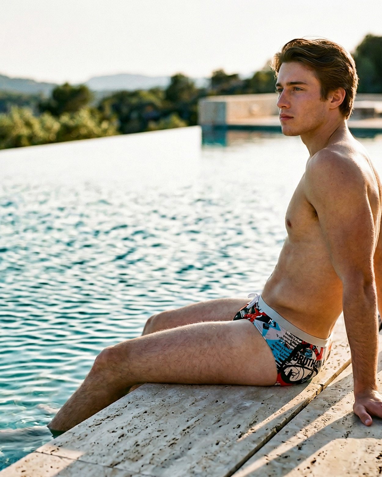 homme en slip de bain sur le bord d'une piscine